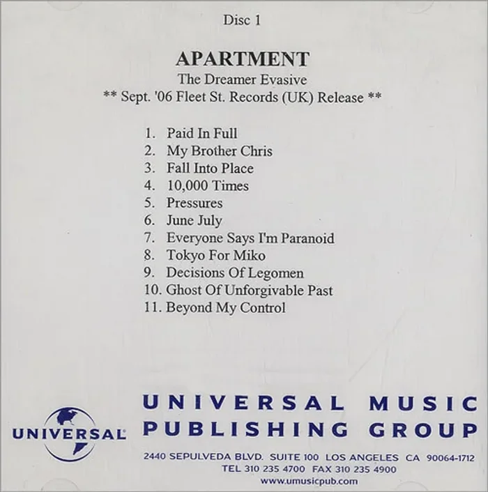 Apartment The Dreamer Evasive + B-Sides US Promo CD-R acetate