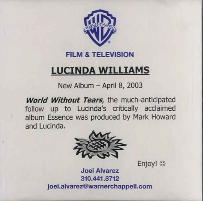 Lucinda Williams World Without Tears US Promo CD-R acetate
