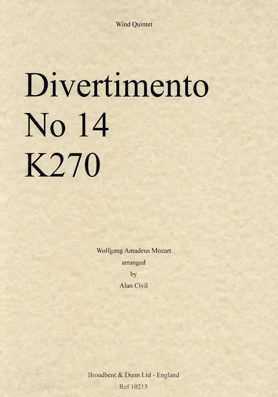 Mozart, Wolfgang Amadeus % Divertimento 14 K270 (score & parts) – WW5